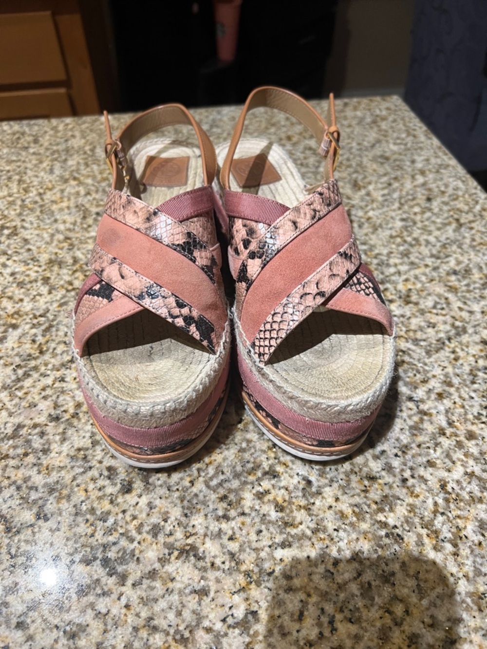 Tory Burch Pink Snake-Print Espadrille Platform Sandals